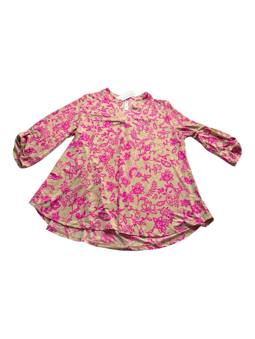 Dear Scarlett Lizzy Style Blouse Women’s XL Pink Floral Roll Tab Sleeve NWT
